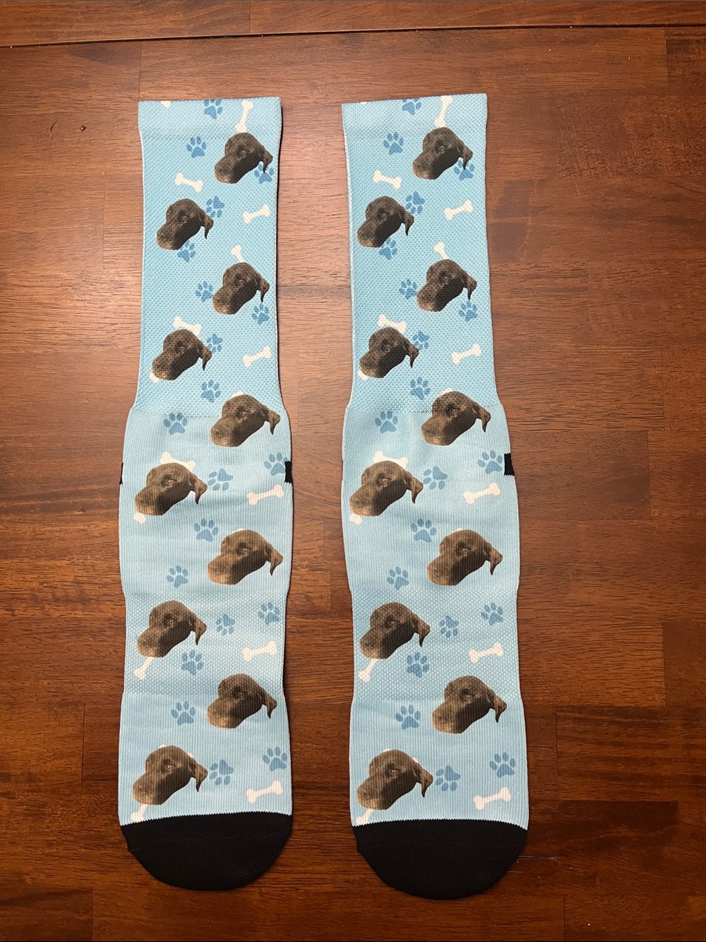 Personalized Dog Face Crew Socks - Light Blue with Black Toe